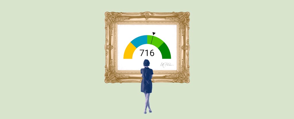 Illustration of a woman looking at a framed image of a 716 credit score.