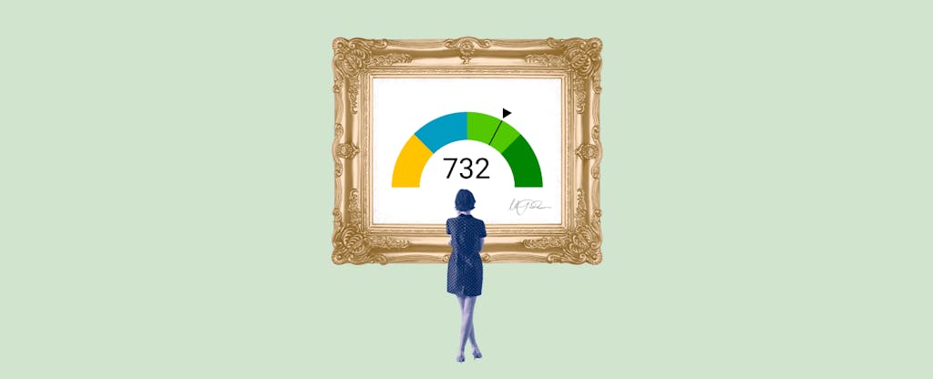 Illustration of a woman looking at a framed image of a 732 credit score.