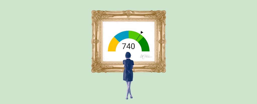 Illustration of a woman looking at a framed image of a 740 credit score.