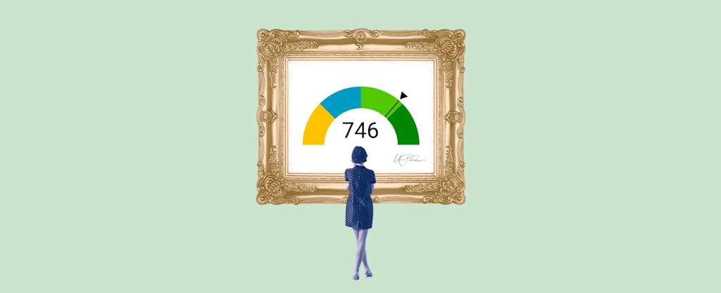 Illustration of a woman looking at a framed image of a 746 credit score.