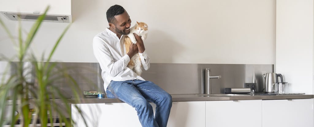 Portrait of smiling man sitting on kitchen counter at home cuddling his cat